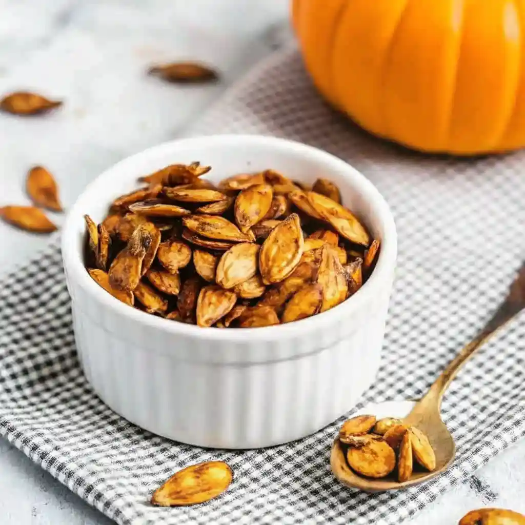 Pumpkin Seed Recipe That Delivers Bold Crunch Fast Pumpkin Seed Recipe Pumpkin Seed Recipe Golden roasted in a white ramekin with a spoonful on the side
