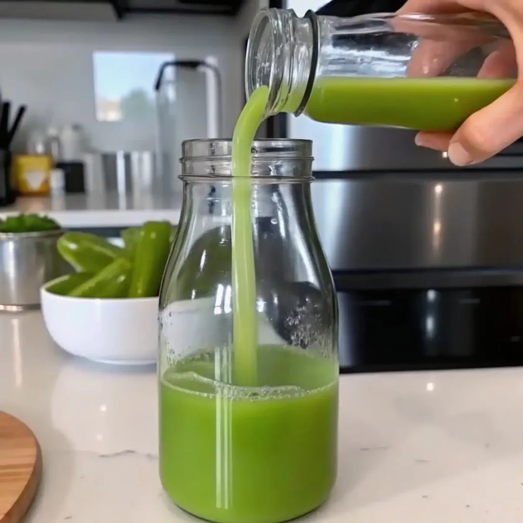 What is the Japanese Mounjaro Recipe? Discover the Natural Fat-Burning Detox Drink what is the japanese mounjaro recipe Fresh Japanese Mounjaro green juice being poured into a glass bottle on a kitchen counter.