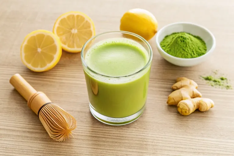 What is the Japanese Mounjaro Recipe? Discover the Natural Fat-Burning Detox Drink pink salt recipe to lose weight in 1 week A glass of Japanese Mounjaro green juice with matcha powder, fresh ginger, and lemons on a wooden table.