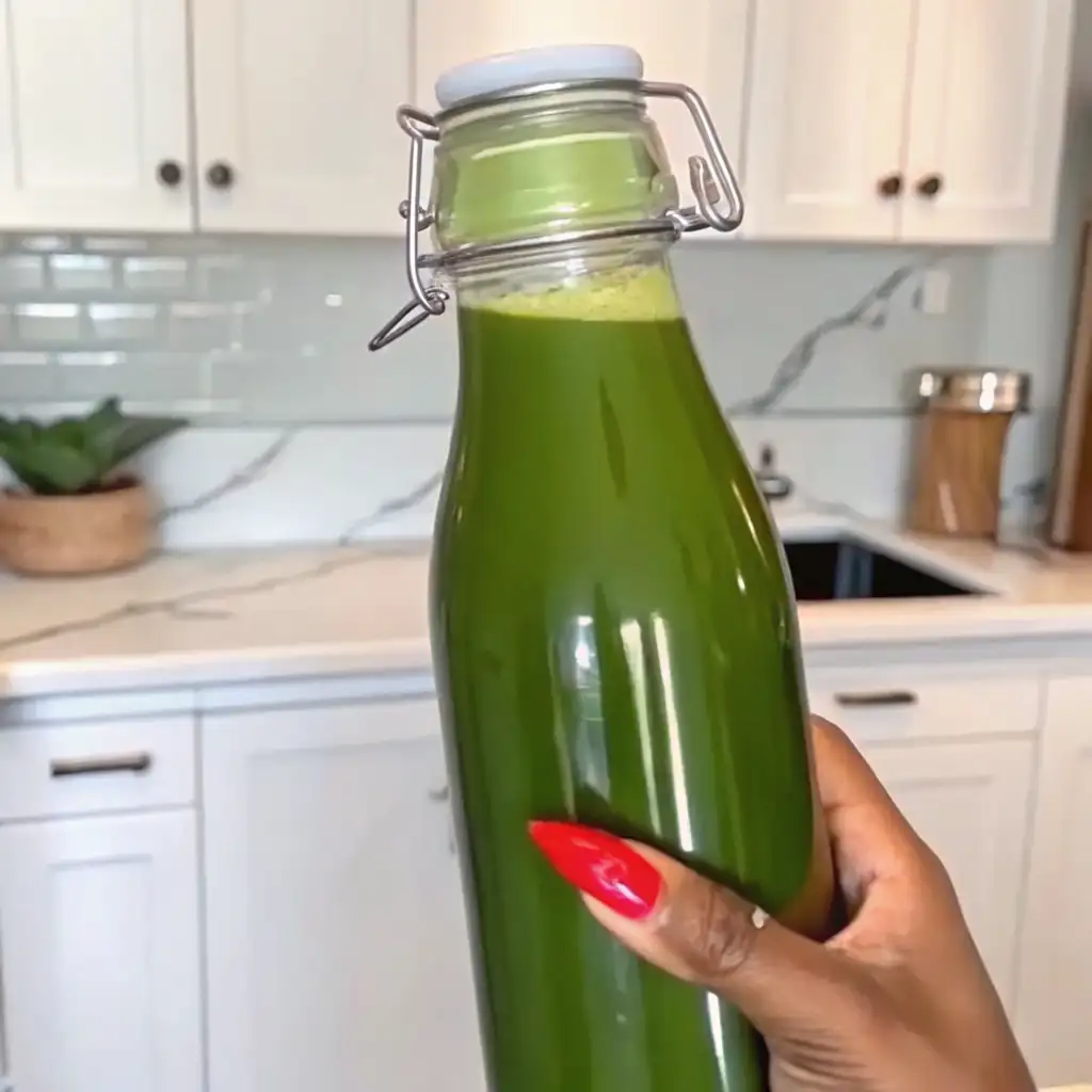 What is the Japanese Mounjaro Recipe? Discover the Natural Fat-Burning Detox Drink what is the japanese mounjaro recipe A bottle of freshly made Japanese Mounjaro green juice held in a kitchen setting.