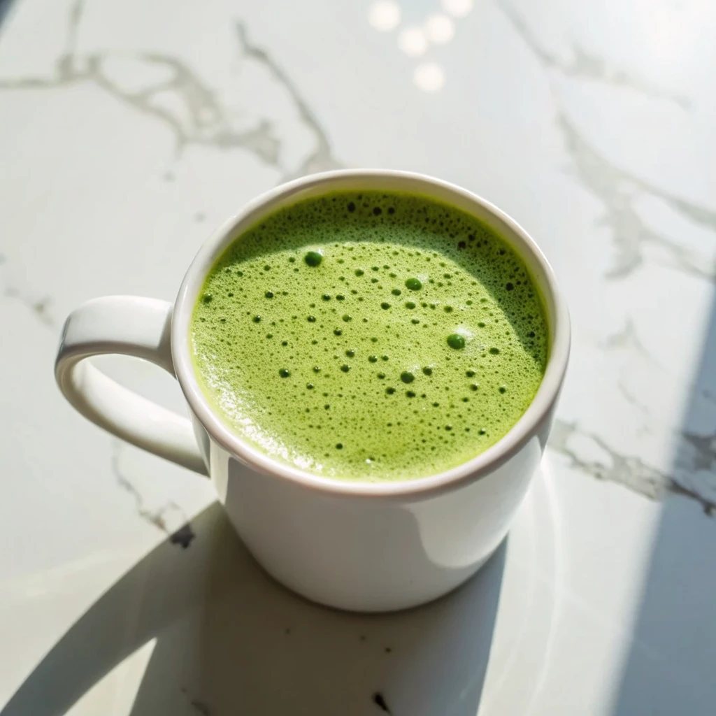 Japanese Mounjaro Recipe: Natural Weight Loss Drink That Works japanese mounjaro recipe A close-up of a white mug filled with a vibrant green, frothy matcha latte, sitting on a white marble countertop in bright sunlight.