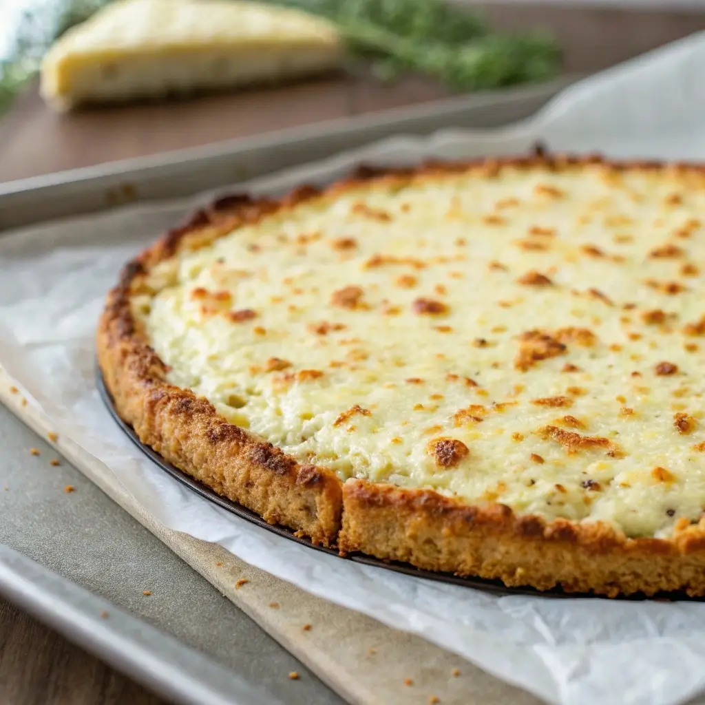 Keto Cottage Cheese Pizza Crust: Easy Low-Carb Perfection 12 Baked keto cottage cheese pizza crust on tray