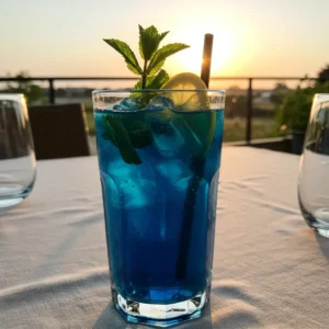 Butterfly pea flower tea mocktail in clear glass with citrus