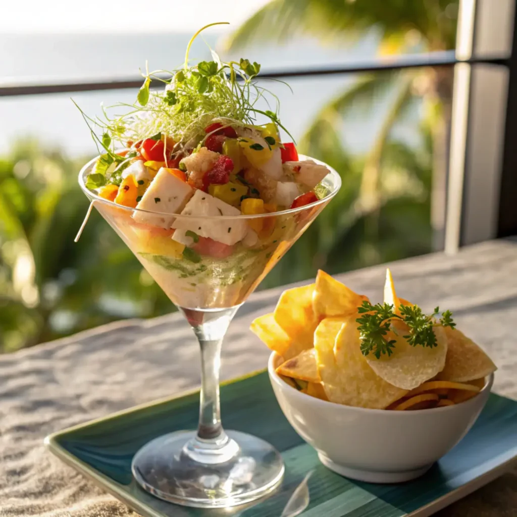 Ceviche Food Description: A Zesty Dive Into the Classic Seafood Dish ceviche food description ceviche plated with garnish and chips