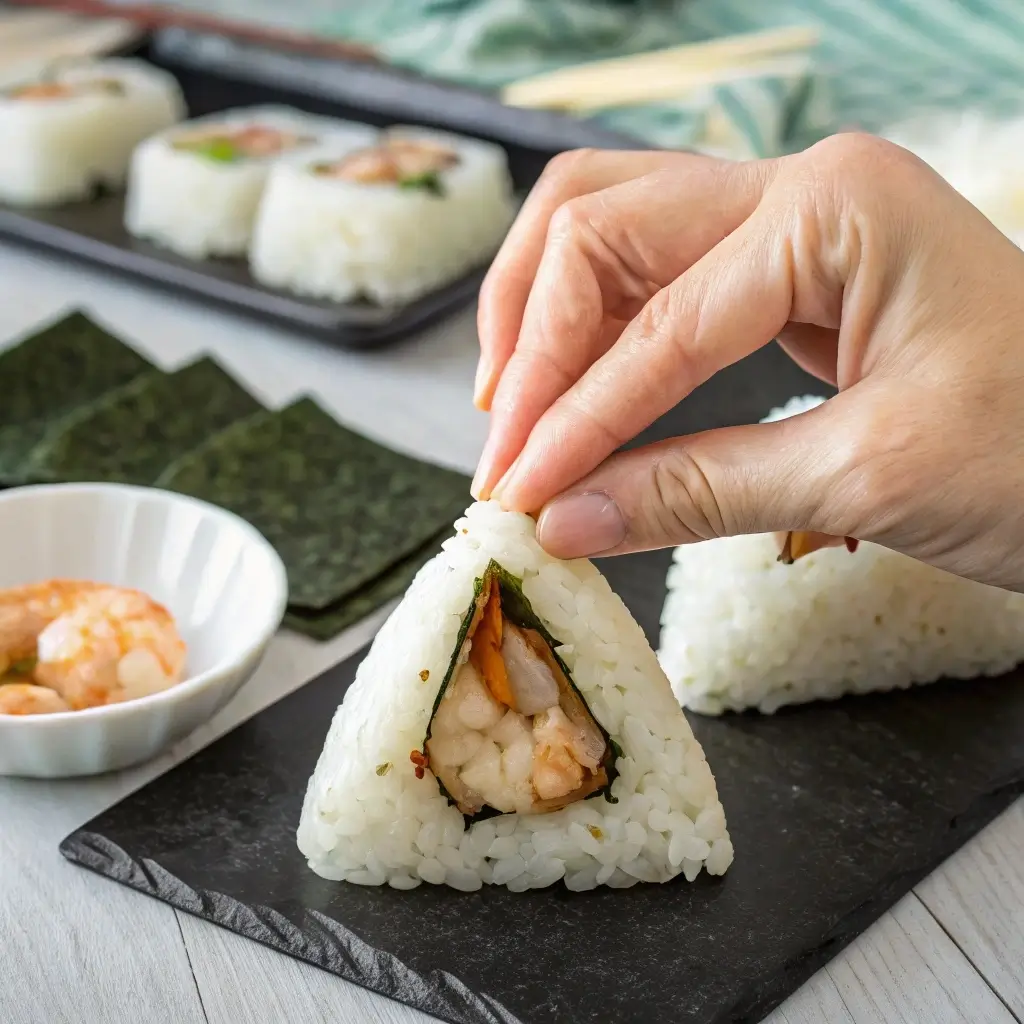 Onigiri Shrimp Recipe: Easy Japanese Rice Balls with a Seafood Twist 12 Shaping shrimp onigiri by hand