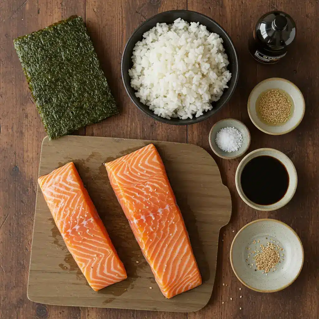 Grilled Salmon Onigiri Recipe: Crispy, Flavor-Packed Rice Balls You’ll Crave 8 Ingredients for grilled salmon onigiri recipe on wooden surface