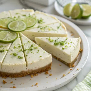 keto no bake key lime cheesecake topped with lime slices