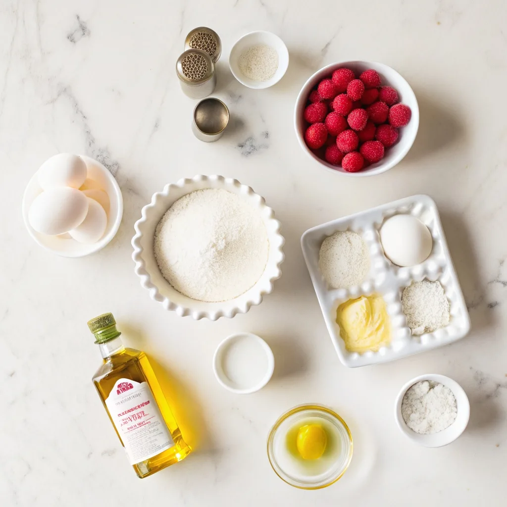 Raspberry Lemon Olive Oil Cake – A Moist & Zesty Dessert You’ll Love raspberry lemon olive oil cake raspberry lemon olive oil cake ingredients laid out on marble surface