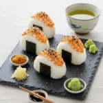 Onigiri Shrimp Recipe: Easy Japanese Rice Balls with a Seafood Twist 9 Served shrimp onigiri with garnish