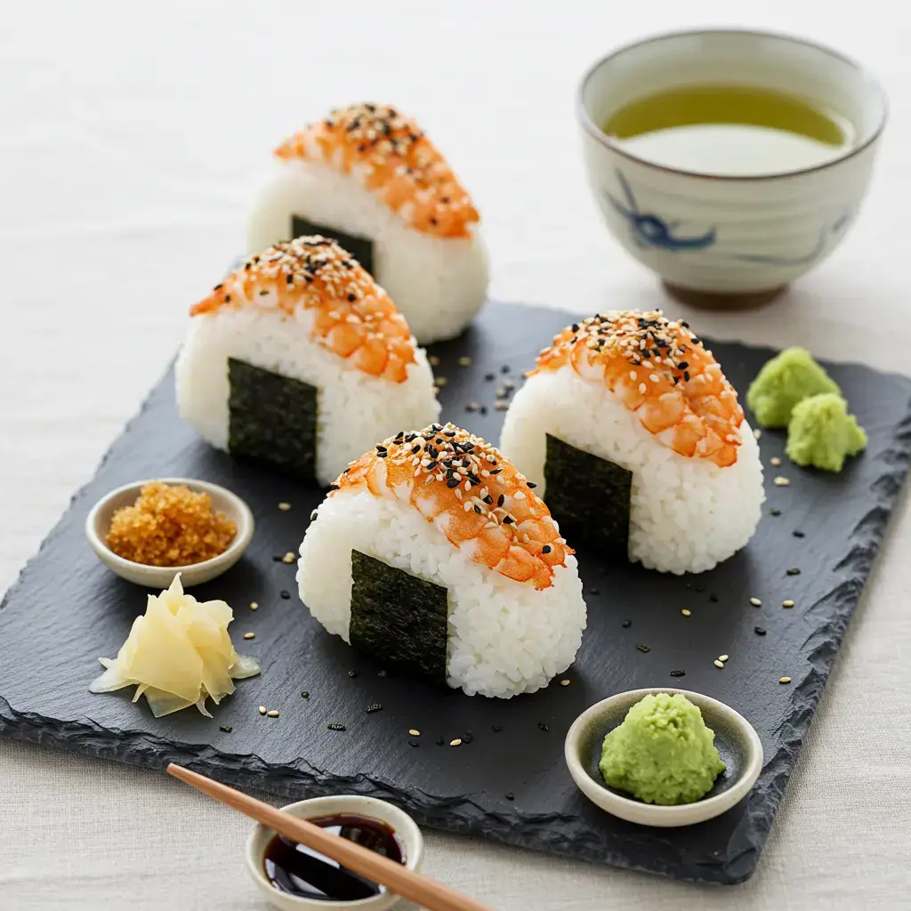 Onigiri Shrimp Recipe: Easy Japanese Rice Balls with a Seafood Twist 13 Served shrimp onigiri with garnish