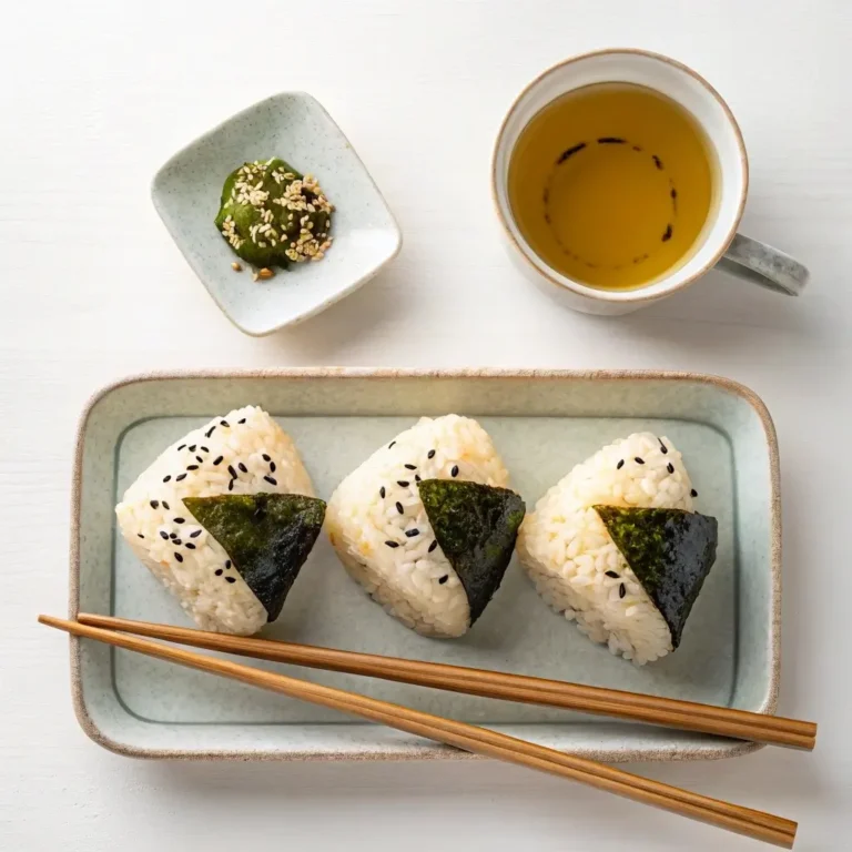 onigiri recipe sesame served on rustic table