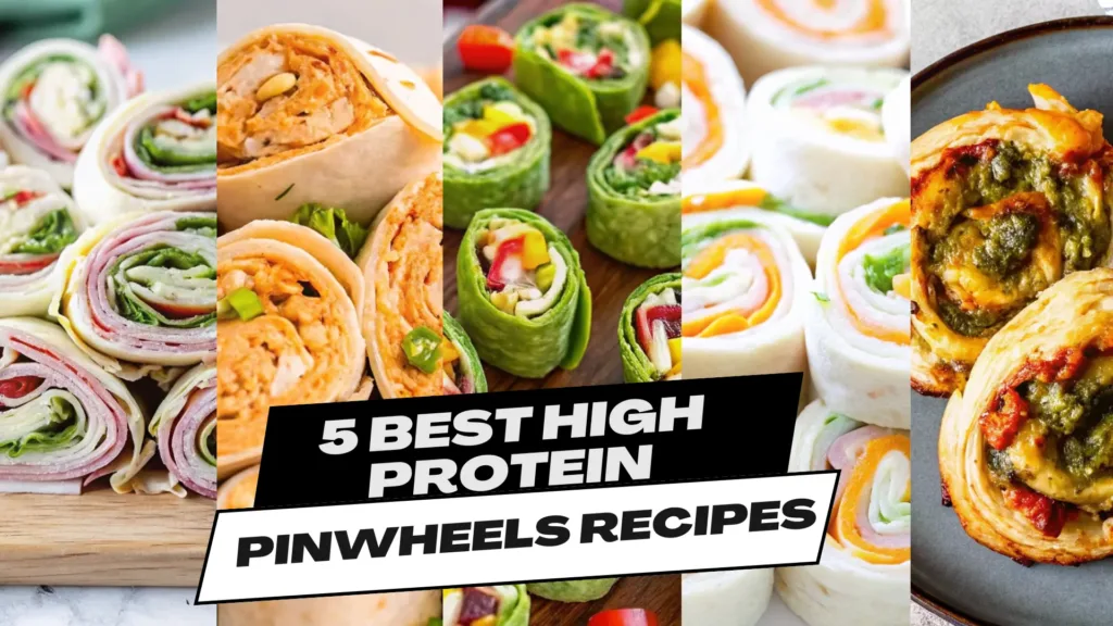 The 5 Best High Protein Pinwheels Recipes high protein pinwheels Collage of five different high protein pinwheels recipes, including Italian, buffalo chicken, vegetarian rainbow, turkey cheddar, and savory breakfast pinwheels.