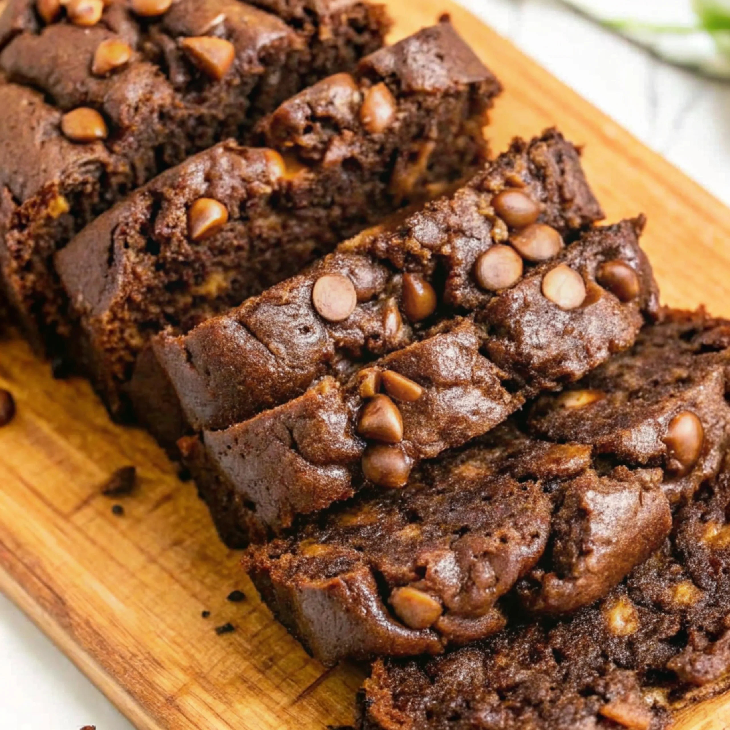Moist Chocolate Zucchini Bread sliced and topped with chocolate chips on a wooden board