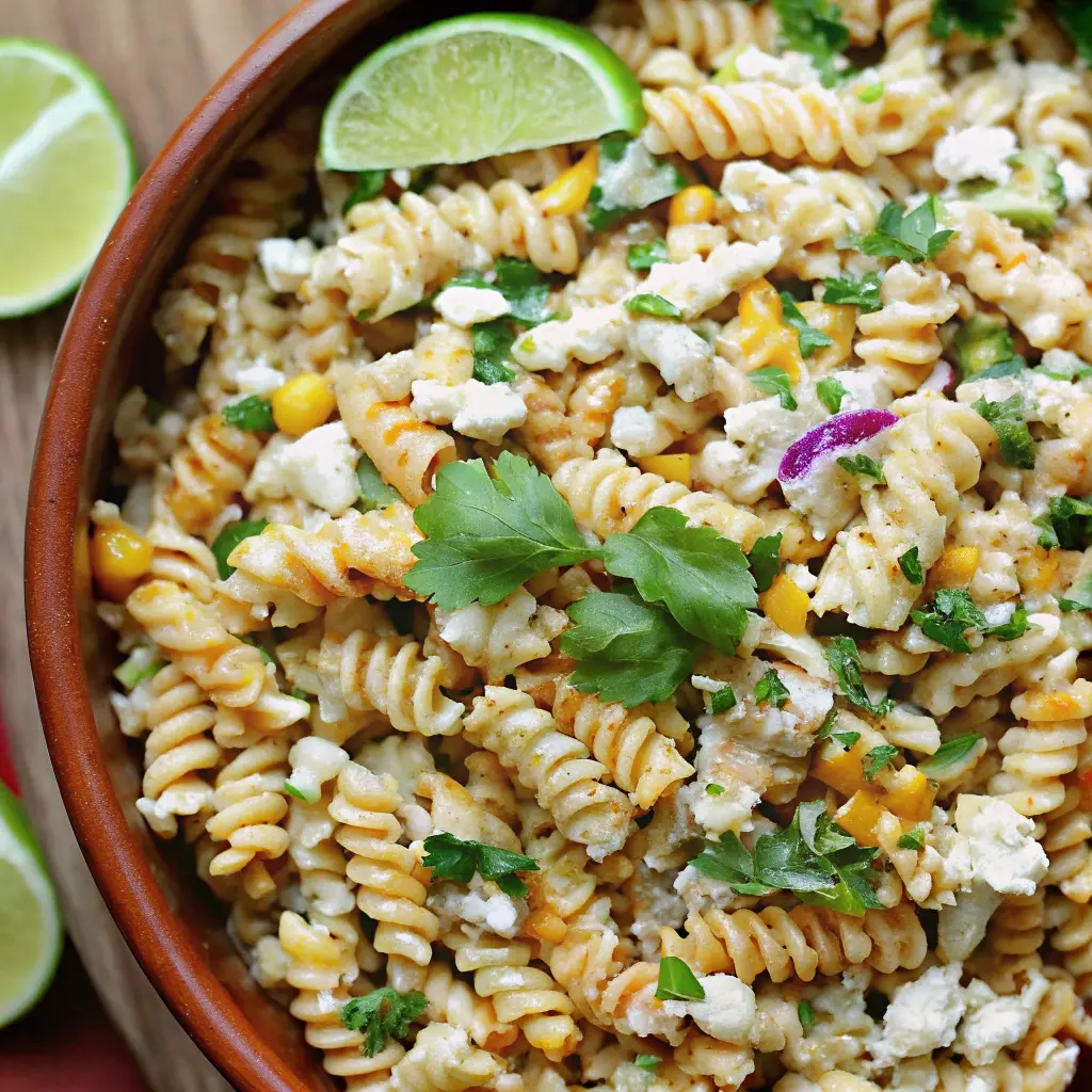 Corn Pasta Salad Recipe Corn Pasta Salad A close-up shot of Mexican street corn pasta salad served in a rustic brown bowl, featuring fusilli pasta, corn, cotija cheese, cilantro, and red onion, with a lime wedge for garnish.