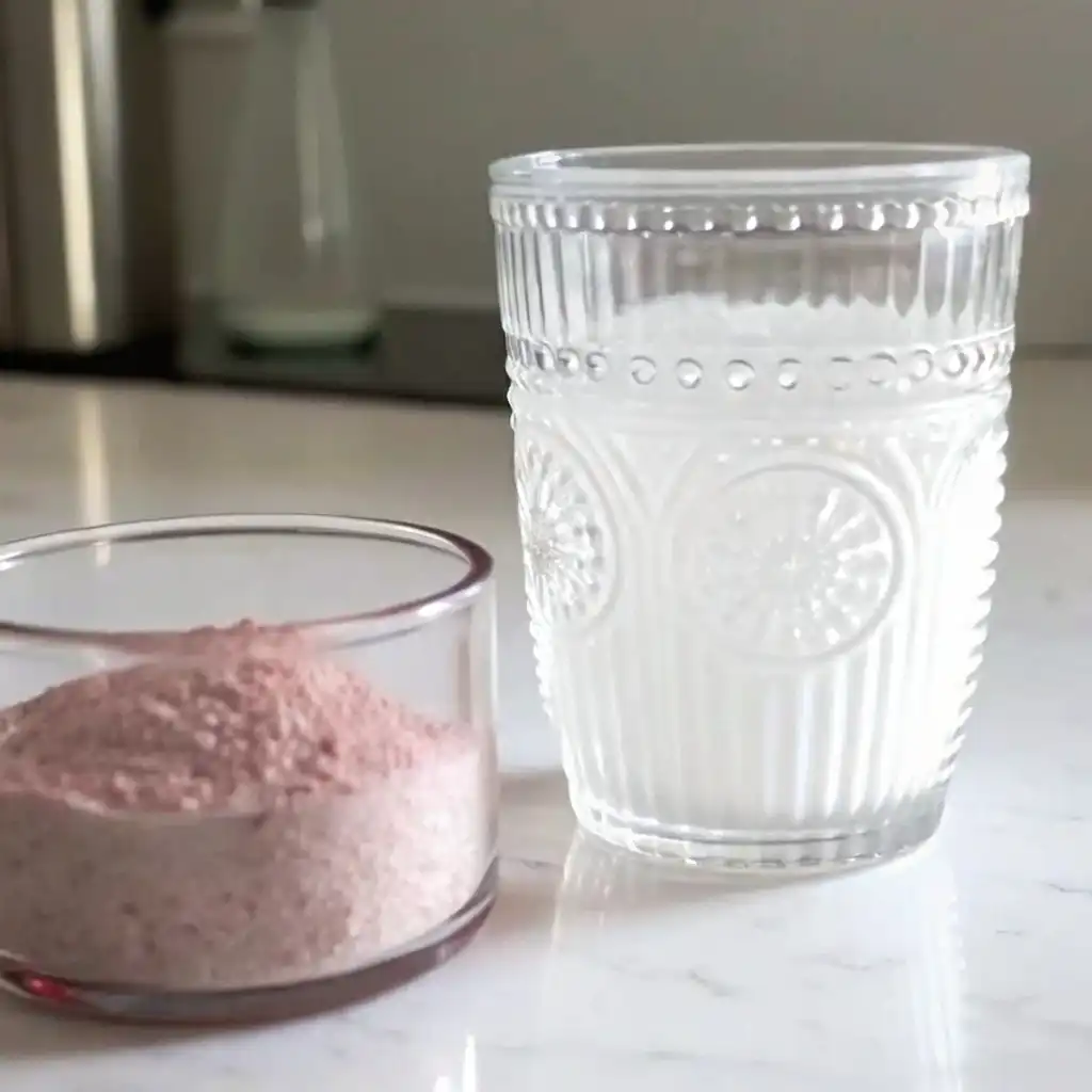 Pink Salt Weight Loss Recipe Safe and Effective Pink Salt Weight Loss Recipe Glass of sole water with visible pink Himalayan salt at the bottom next to a small bowl of pink salt on a countertop