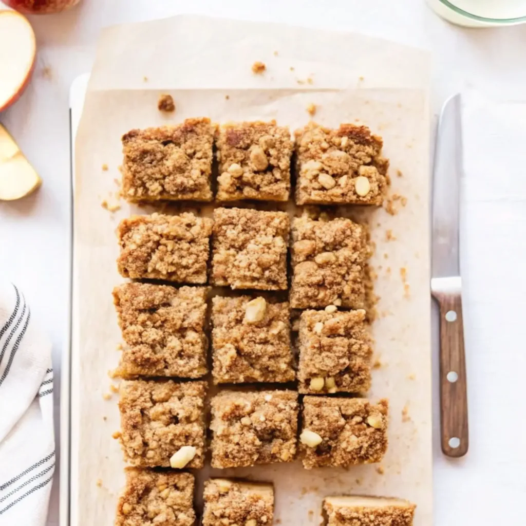 The Ultimate Apple Crisp Bars (Easy & Foolproof Recipe) Apple Crisp Bars Overhead view of apple crisp bars cut into squares on parchment paper, with a knife, fresh apple slices, and a glass of milk nearby.