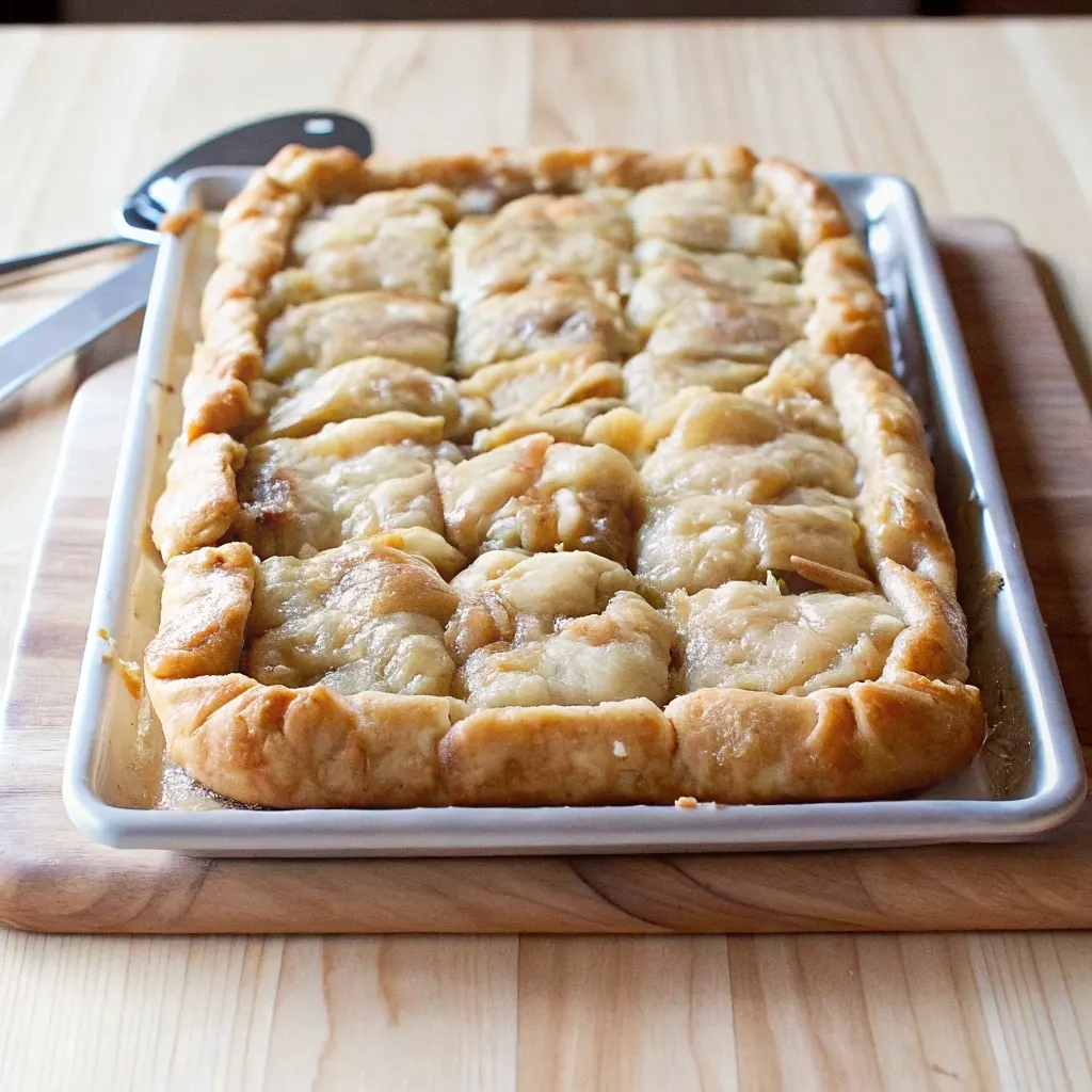 The Ultimate Apple Slab Pie Recipe Apple Slab Pie An apple slab pie with a golden-brown rustic crust, baked in a white jelly roll pan and sitting on a wooden cutting board.