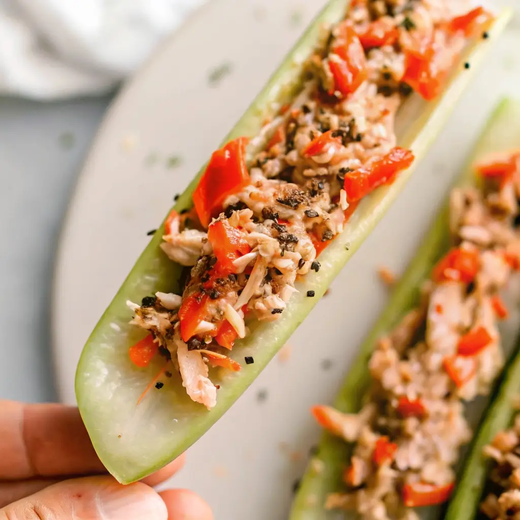 Cucumber Tuna Boat Recipe cucumber tuna boat A close-up of a zesty Asian-style cucumber tuna boat, showing the flaky tuna, red bell pepper, and sesame seed filling.