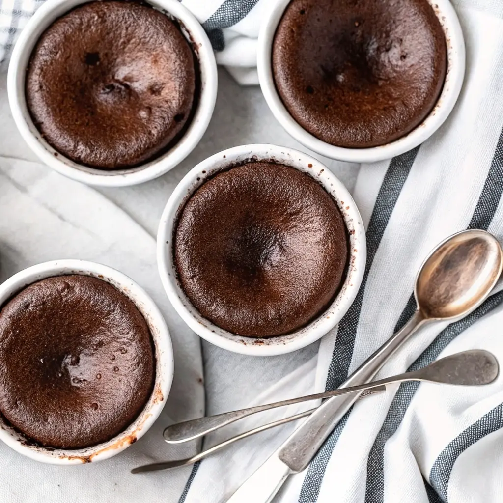 Cottage Cheese Lava Cake Recipe Cottage Cheese Lava Cake Overhead shot of four freshly baked cottage cheese lava cakes in white ramekins, arranged on a kitchen towel with vintage spoons.