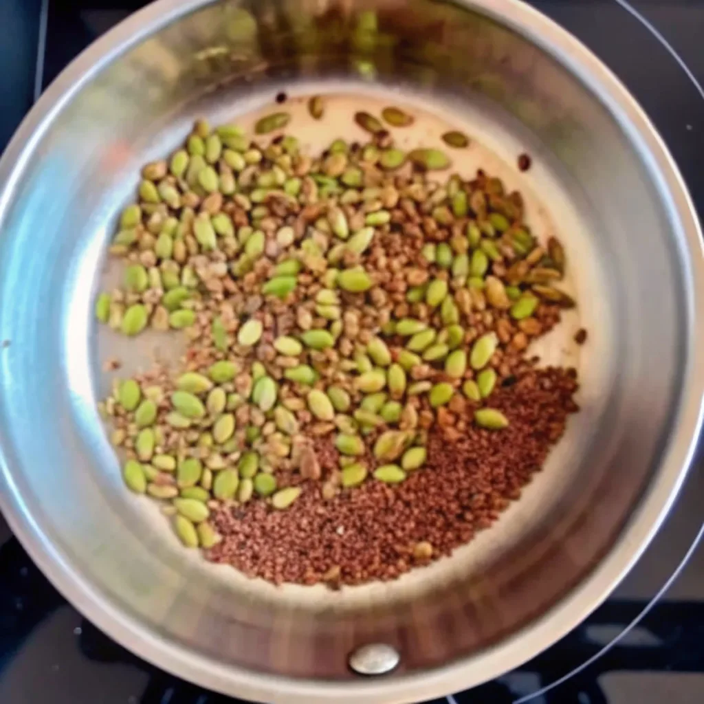 Bariatric Seed Drink Recipe: A Dietitian's Guide to the Viral Trend bariatric seed drink recipe A skillet on a stovetop holds the combined ingredients for the bariatric seed drink recipe, with toasted green pumpkin seeds mixed with other seeds.