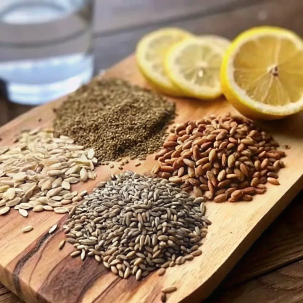 Bariatric Seed Drink Recipe: A Dietitian's Guide to the Viral Trend bariatric seed drink recipe A wooden board displays the ingredients for the bariatric seed drink recipe: piles of pumpkin seeds, chia seeds, and flaxseed, with a sliced lemon and a glass of water in the background.