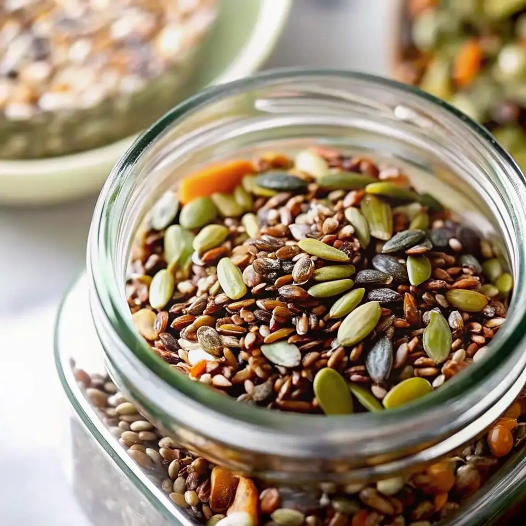 The Ultimate Bariatric Seed Recipe bariatric seed recipe Close-up of a glass jar filled with a high-protein bariatric seed recipe mix of pumpkin, flax, and sunflower seeds.
