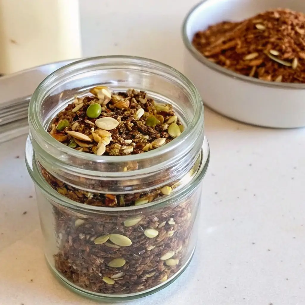 The Ultimate Bariatric Seed Recipe bariatric seed recipe A small glass jar filled with the finished bariatric seed recipe, showing the toasted, high-protein mix ready for storage.