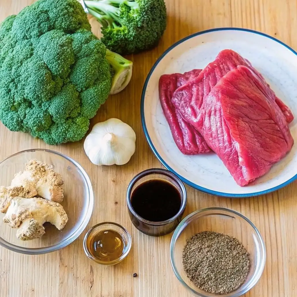 How to Cook Beef and Broccoli Chinese Style That Beats Takeout how to cook beef and broccoli chinese Fresh beef, broccoli, garlic, ginger, and sauces arranged on a wooden surface