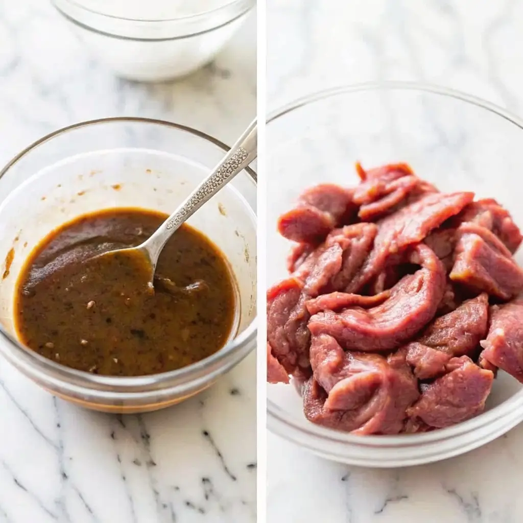 How to Cook Beef and Broccoli Chinese Style That Beats Takeout how to cook beef and broccoli chinese Side-by-side of beef marinade mixture and sliced raw beef in bowls