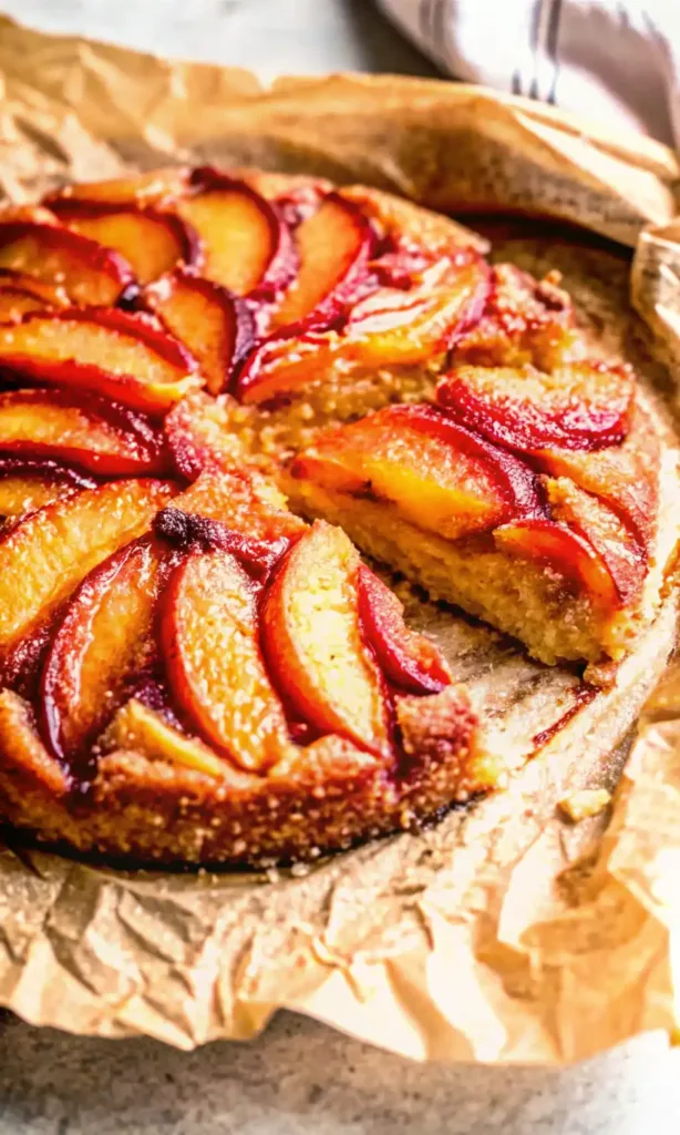Bourbon Peach Upside Down Cake Bourbon Peach Upside Down Cake A rustic Bourbon Peach Upside Down Cake with caramelized peach slices, sitting on brown parchment paper with one slice removed to show the moist cake inside.