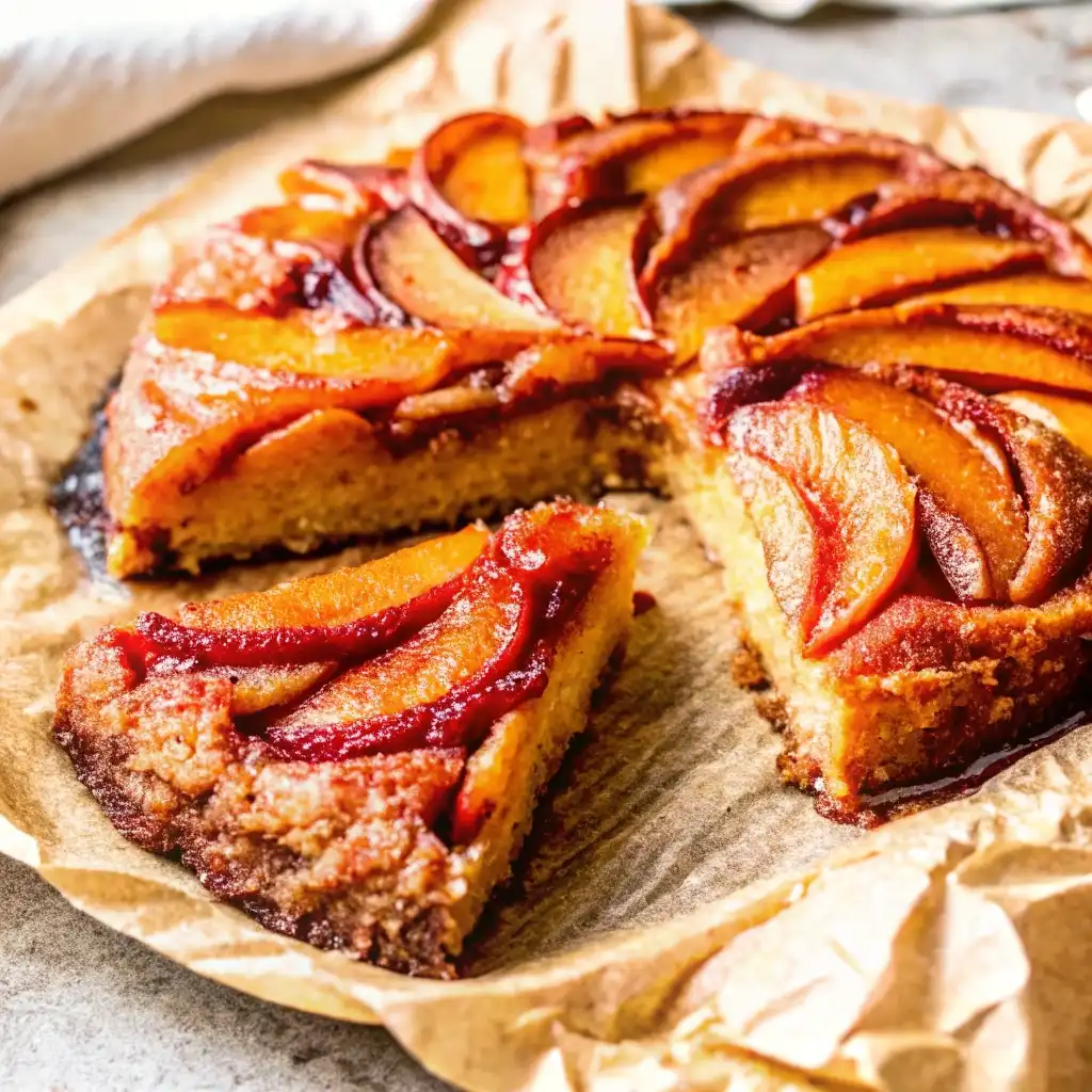 A slice of Bourbon Peach Upside Down Cake sits in front of the full cake on brown parchment paper, showing the caramelized peach topping and moist crumb.