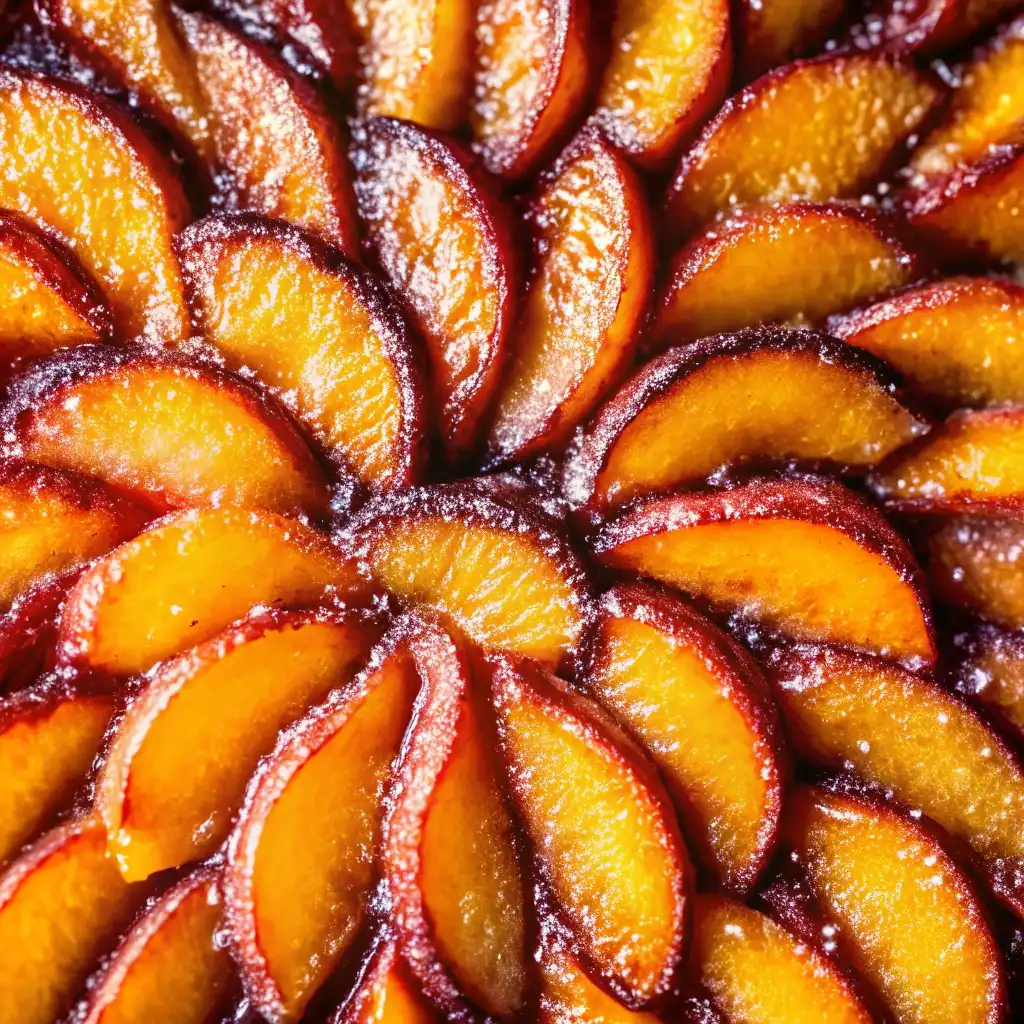 Bourbon Peach Upside Down Cake Bourbon Peach Upside Down Cake A close-up overhead shot of the topping on a Bourbon Peach Upside Down Cake, showing the glistening, caramelized peach slices arranged in a beautiful spiral.