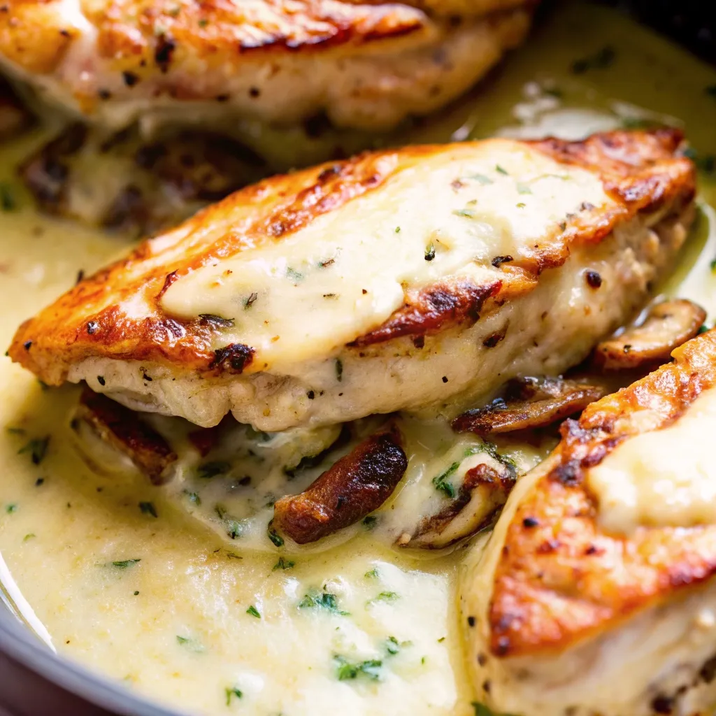 Cheesy Garlic Butter Mushroom Stuffed Chicken garlic butter mushroom stuffed chicken Close-up of mushroom stuffed chicken breast with creamy garlic butter sauce