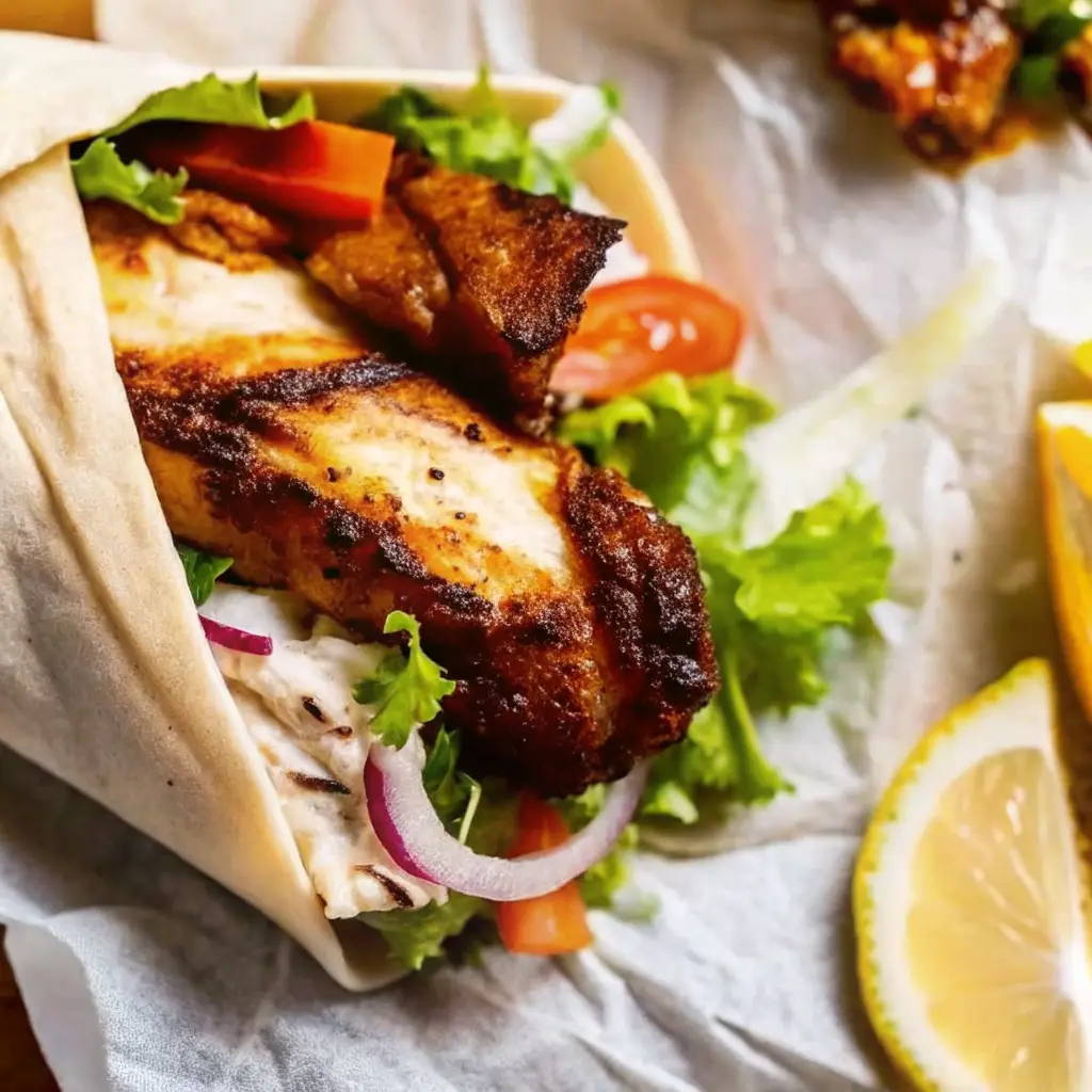 The Best Authentic Shawarma Chicken Wrap Recipe (Easy Method) shawarma chicken wrap recipe A freshly made shawarma chicken wrap recipe filled with grilled chicken, lettuce, tomato, and red onion, resting on parchment paper.