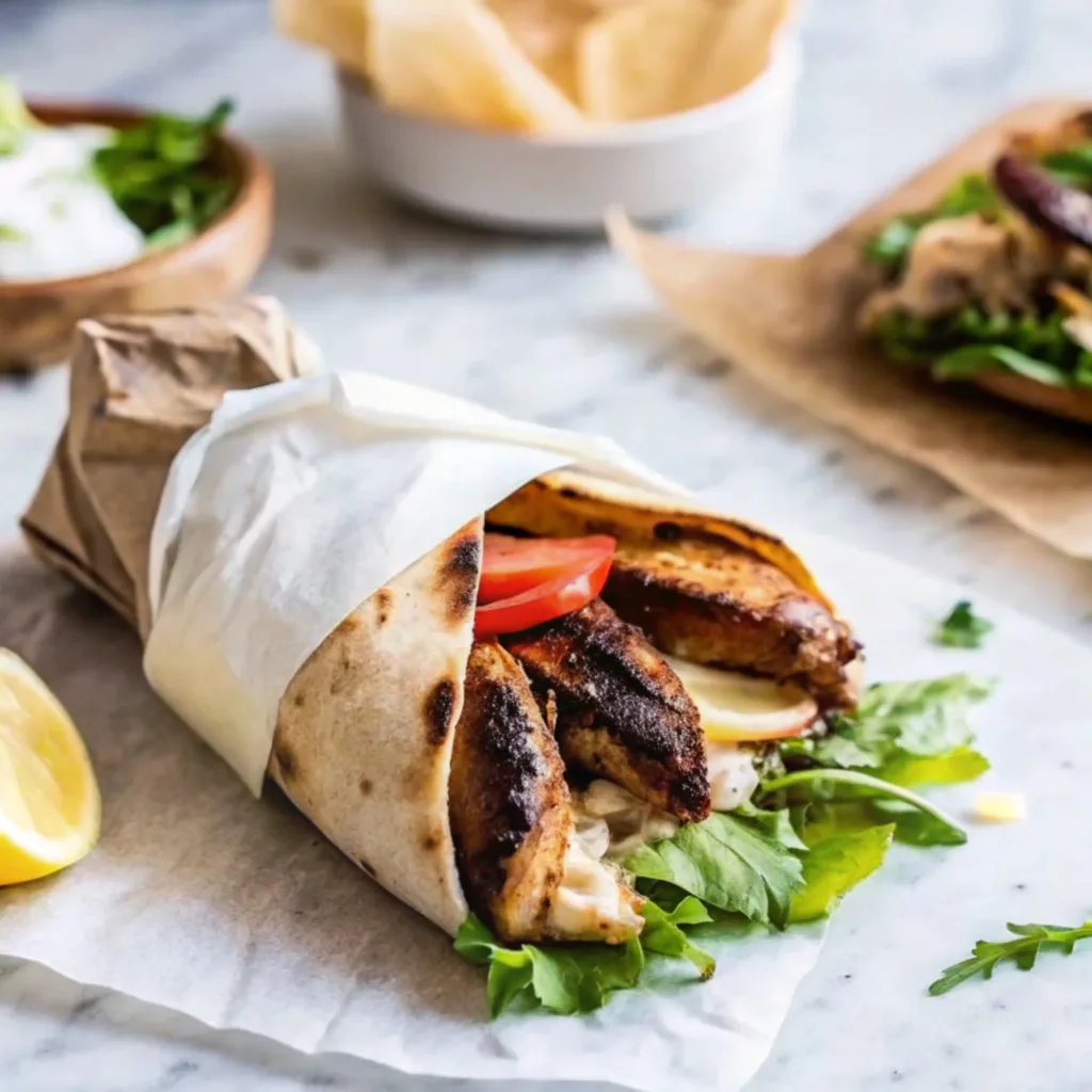 The Best Authentic Shawarma Chicken Wrap Recipe (Easy Method) shawarma chicken wrap recipe An assembled chicken shawarma wrap in parchment paper, showing grilled chicken, tomatoes, and greens, with serving bowls in the background.