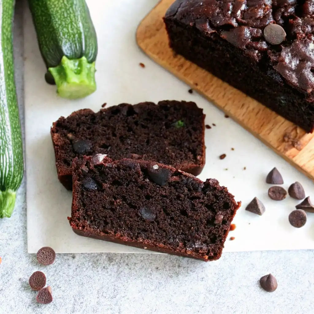 Double Chocolate Zucchini Bread Double Chocolate Zucchini Bread Double chocolate zucchini bread slices with visible chocolate chips and fresh zucchini