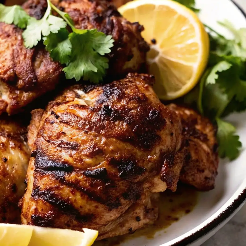 The Best Authentic Shawarma Chicken Wrap Recipe (Easy Method) shawarma chicken wrap recipe A white plate of juicy, grilled chicken shawarma, garnished with fresh cilantro and lemon wedges.