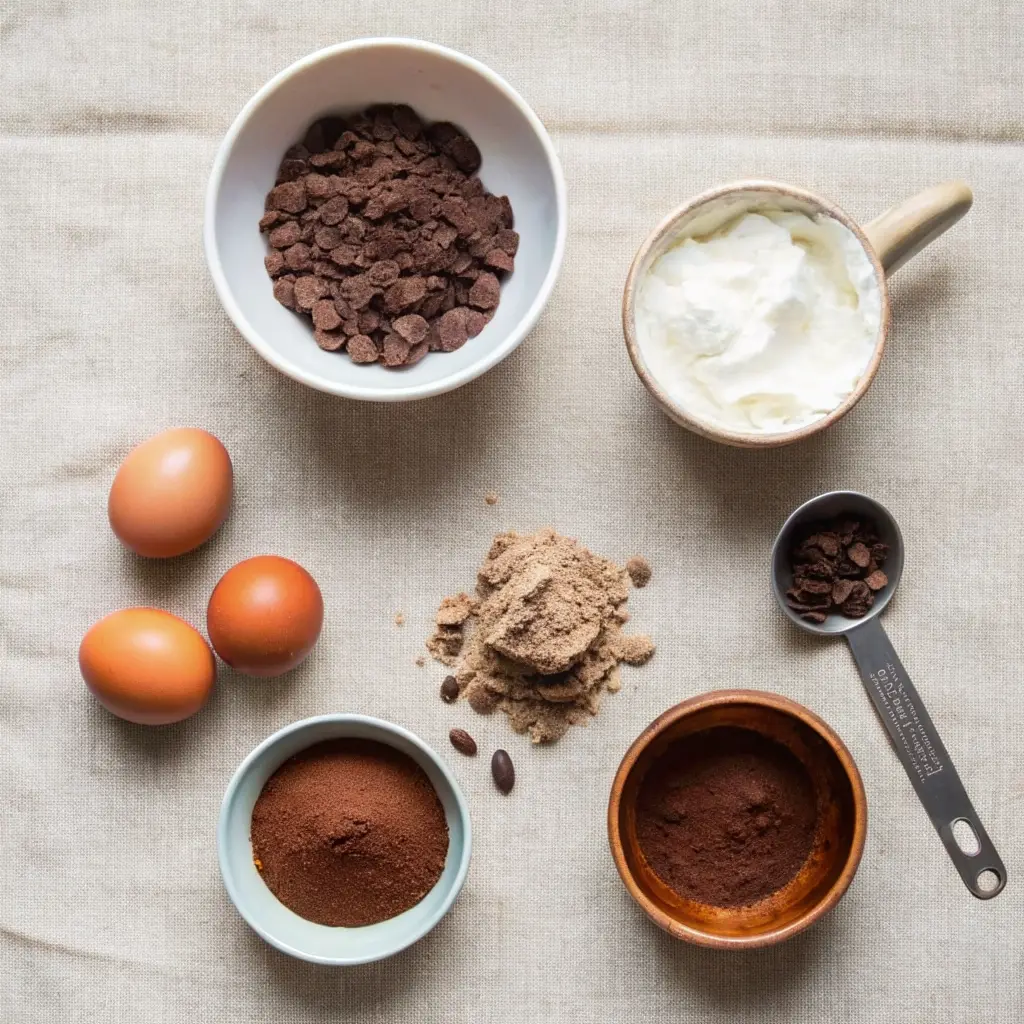 Cottage Cheese Lava Cake Recipe Cottage Cheese Lava Cake A flat lay of the ingredients for the cottage cheese lava cake, including cottage cheese, eggs, cocoa powder, protein powder, and chocolate chips arranged in bowls.