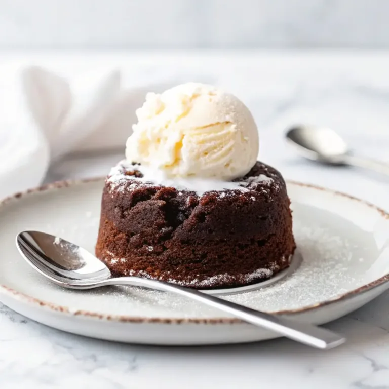 A single-serving cottage cheese lava cake on a plate, topped with a scoop of vanilla ice cream and dusted with powdered sugar.