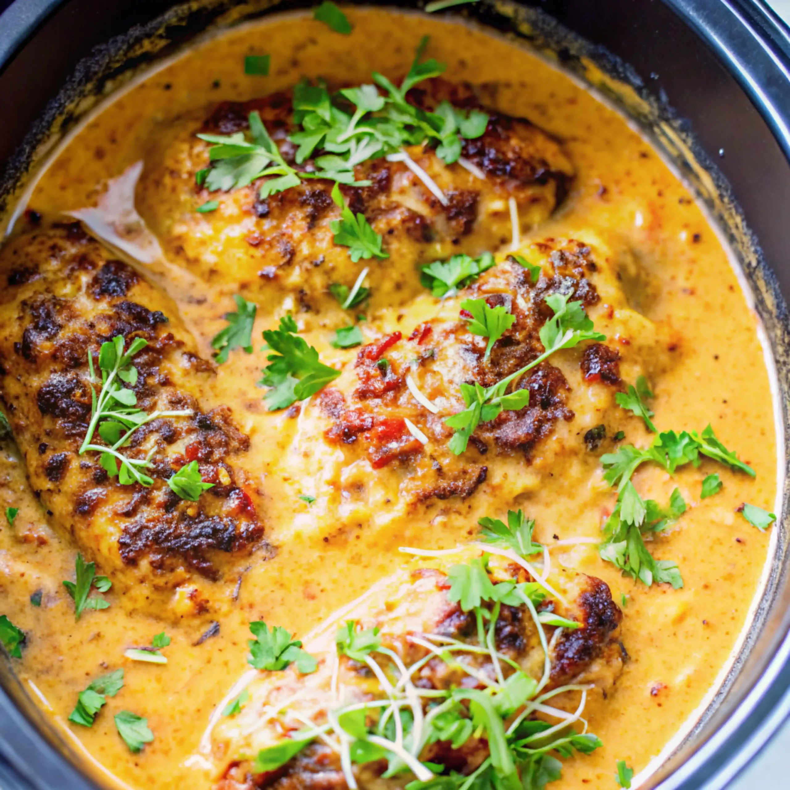 Close up of marry me chicken dip crock pot showing tender chicken breasts in a creamy sun-dried tomato sauce, garnished with fresh herbs.