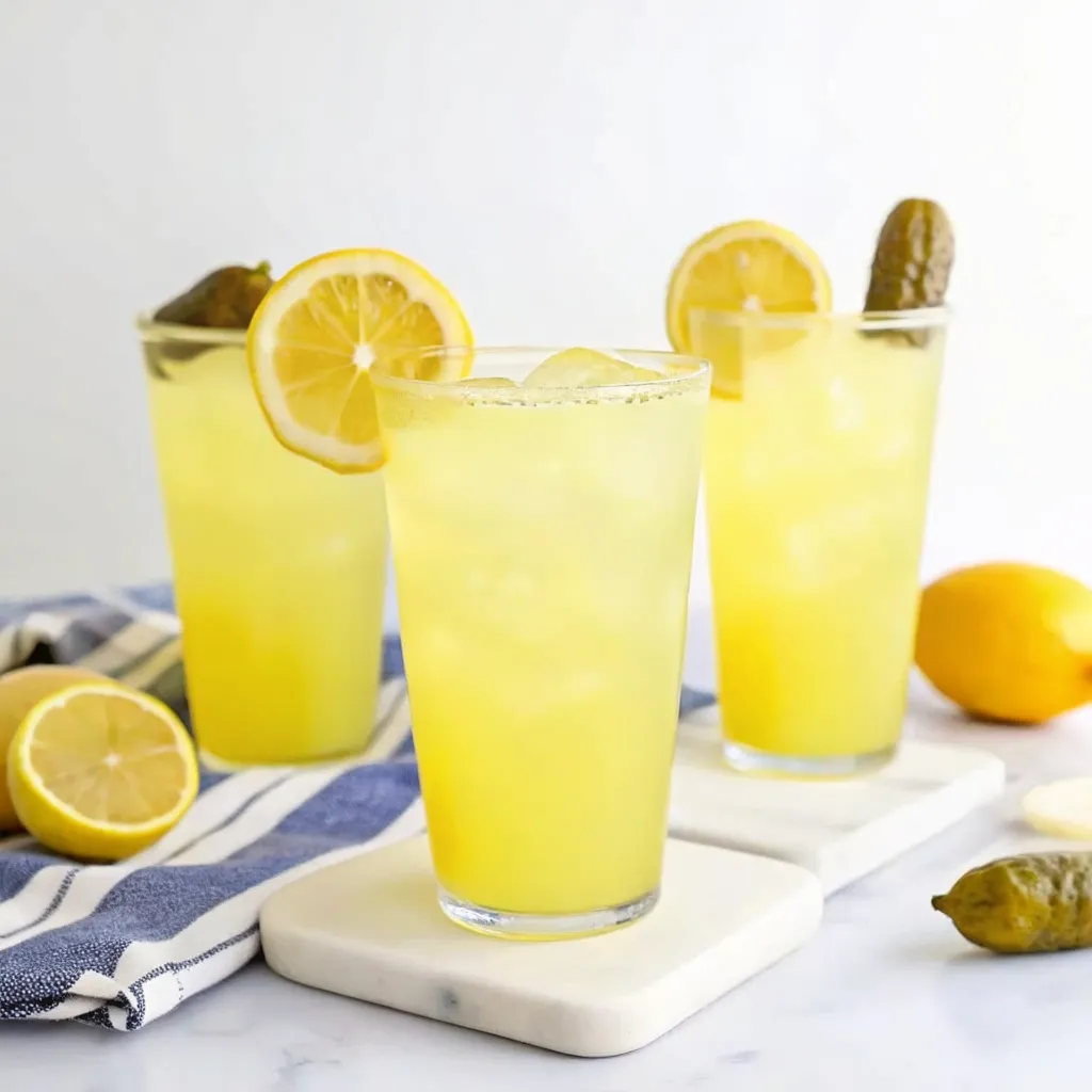 Three glasses of Dill Pickle Lemonade Recipe with lemon slices and pickles for garnish