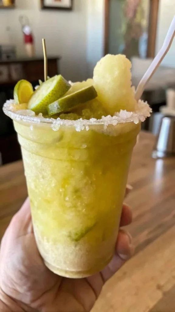 How to Pick the Perfect Dill Pickle Juice for Lemonade dill pickle juice for lemonade Dill pickle lemonade slushie served in a plastic cup with pickle slices and a sugar rim