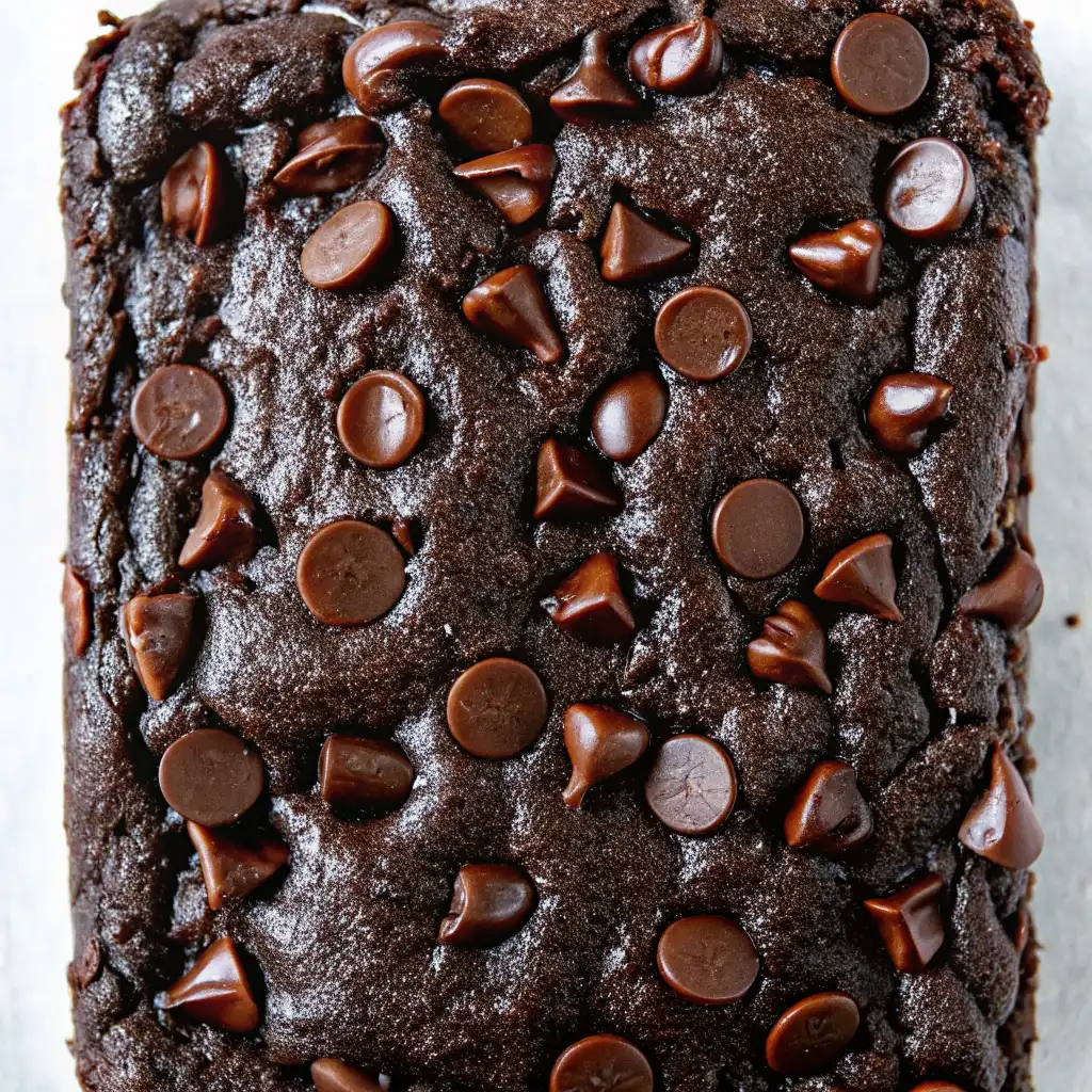 Close-up of moist double chocolate zucchini bread topped with melted chocolate chips