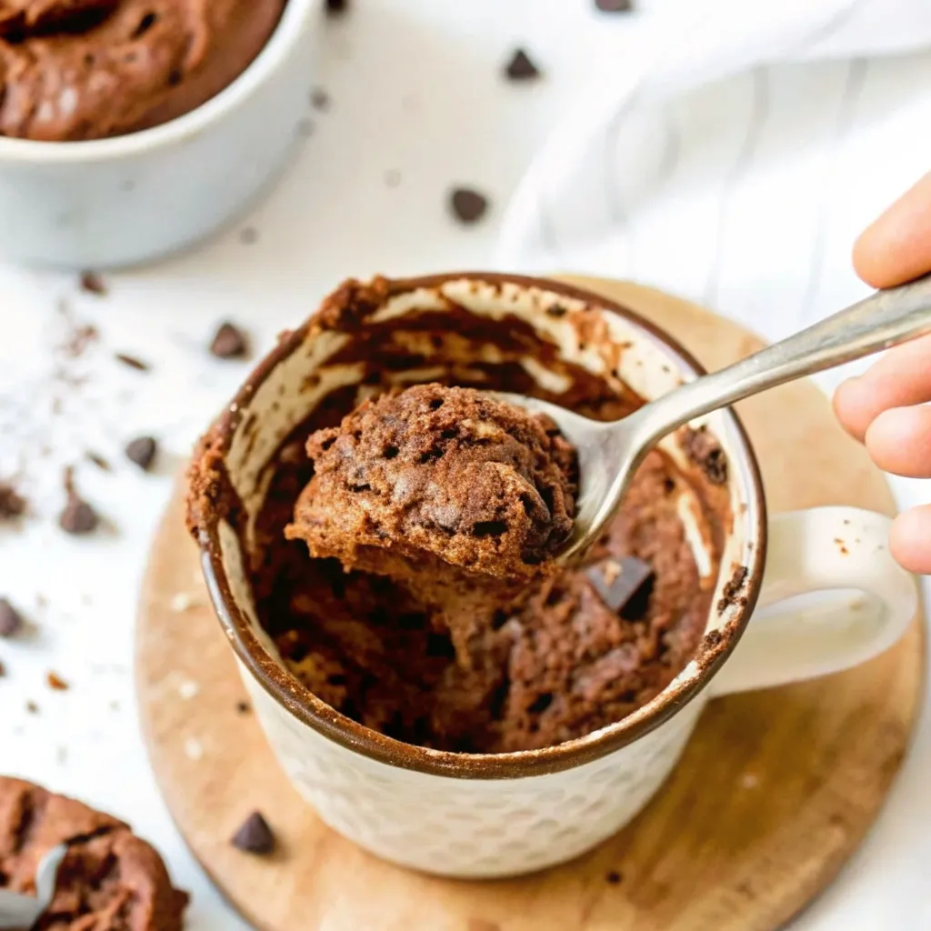 The Only Kodiak Mug Cake Recipe You'll Ever Need kodiak mug cake recipe A close-up of a fluffy and moist chocolate Kodiak mug cake in a white mug, with a hand lifting a spoonful to show the texture.