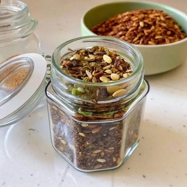 The finished bariatric seed recipe stored in a hexagonal glass jar with an airtight lid, ready for a post-op diet.