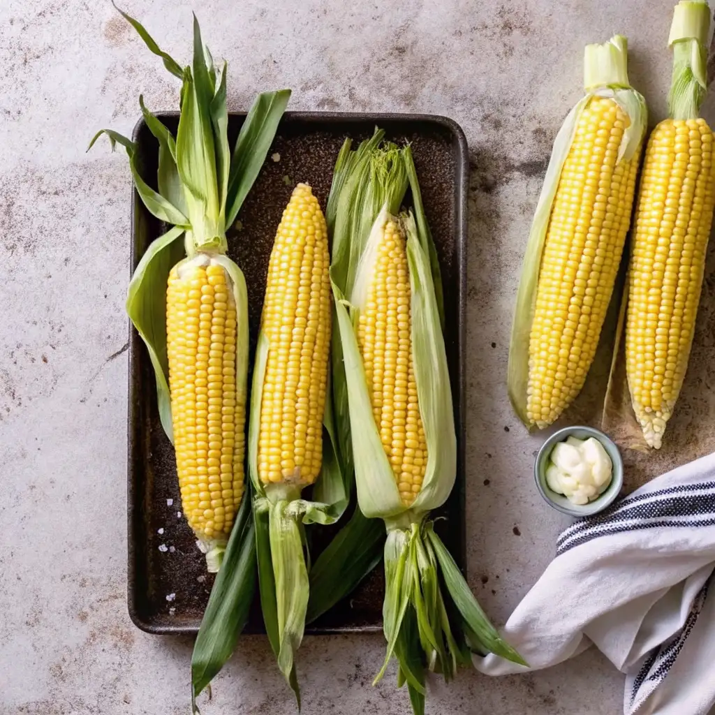 Corn On The Cob Mexican Style Corn On The Cob Mexican Style Fresh ears of corn on a rustic baking sheet, ready to be prepared for a corn on the cob Mexican style recipe.