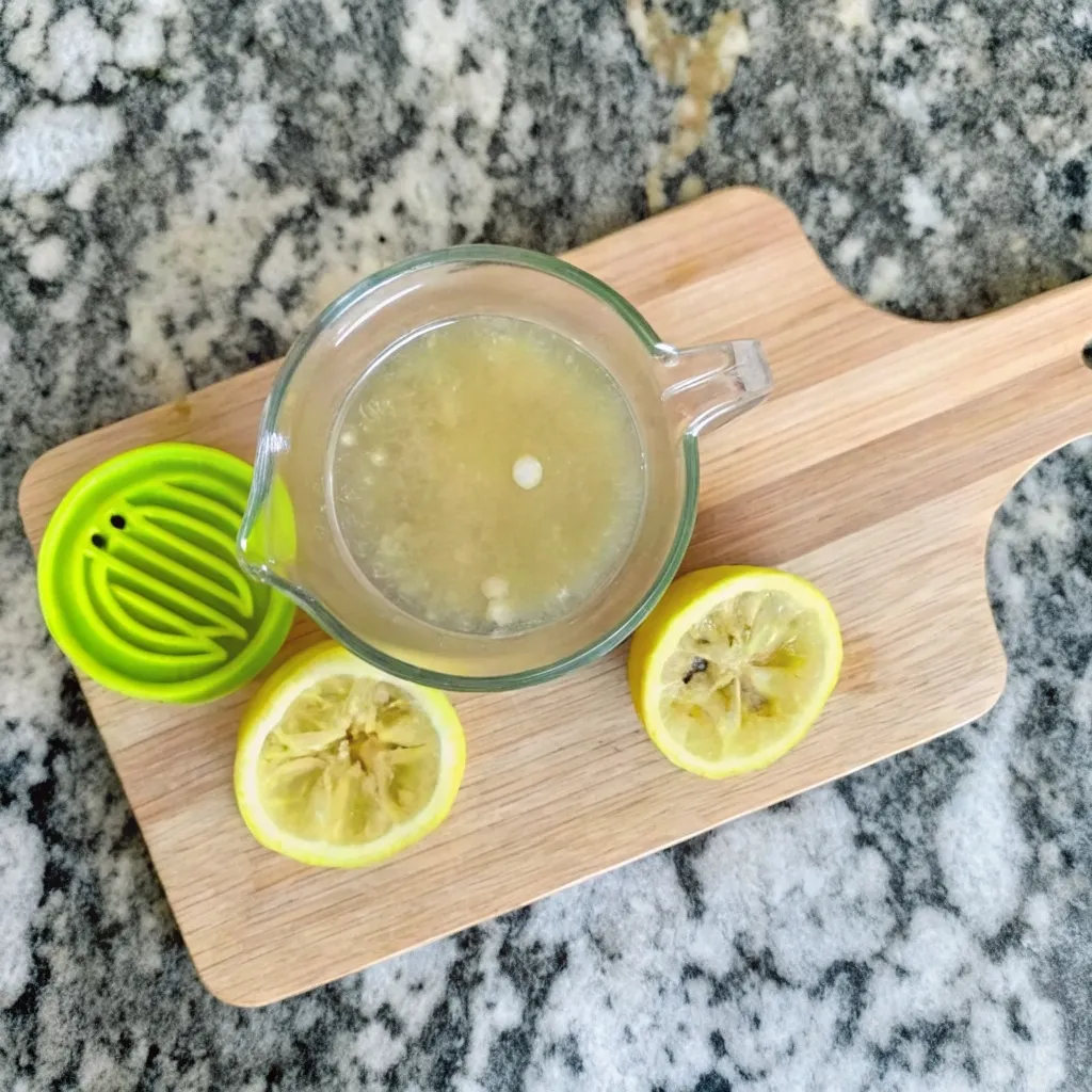 Paradise Matcha Lemonade Recipe: Copycat Starbucks matcha lemonade Freshly squeezed lemon juice in a measuring cup with juiced lemons and a citrus squeezer
