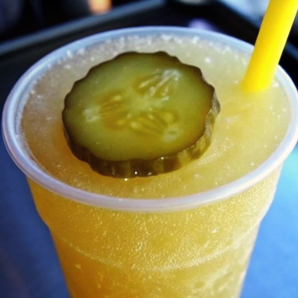 A cup of Lemonade and Pickle Juice topped with a sliced pickle