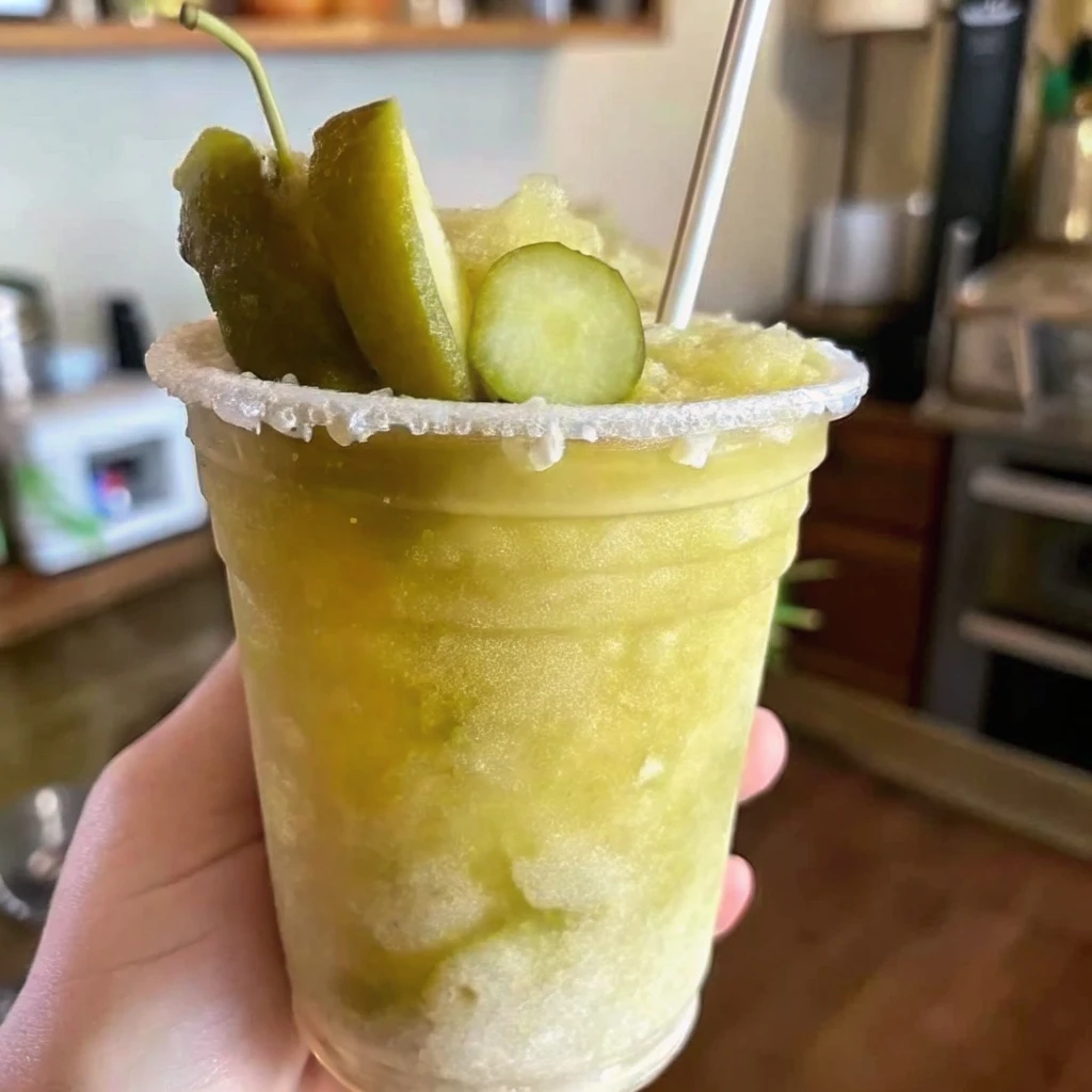 Frozen dill pickle juice for lemonade topped with sliced pickles and served in a sugar-rimmed cup