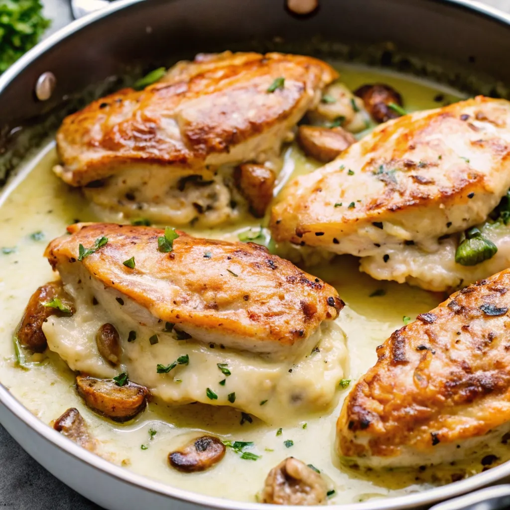 Cheesy Garlic Butter Mushroom Stuffed Chicken garlic butter mushroom stuffed chicken Garlic butter mushroom stuffed chicken breasts simmering in creamy sauce in a skillet